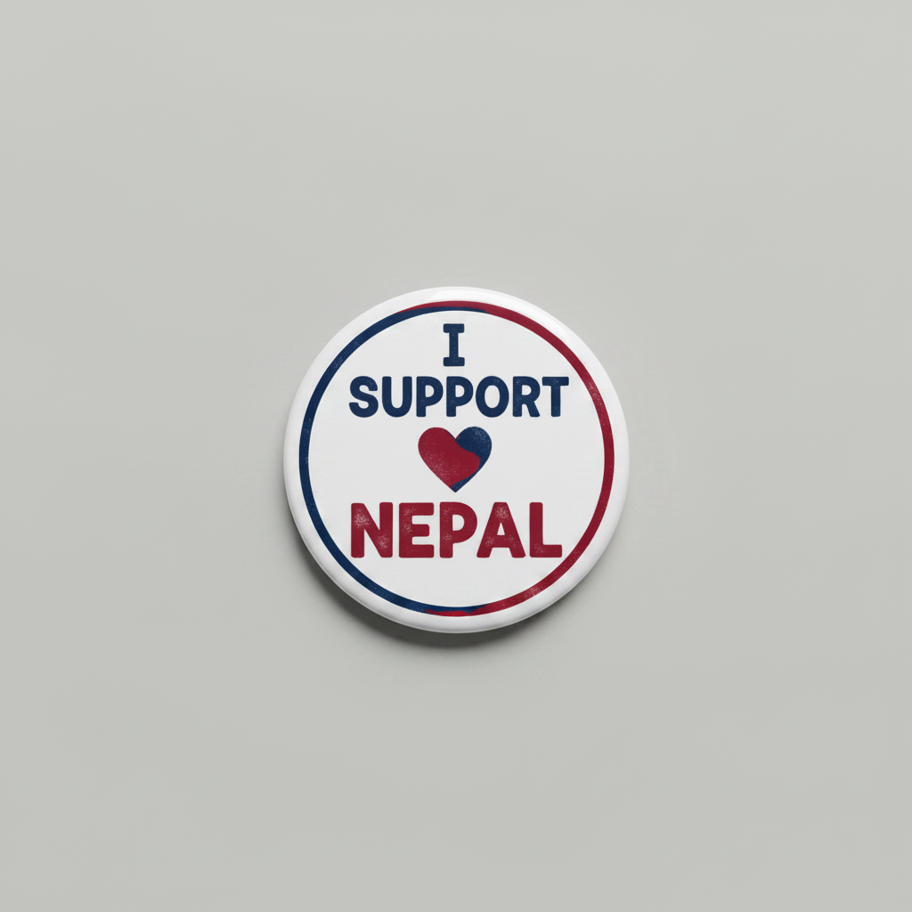 A round white button badge featuring the text 'I SUPPORT NEPAL' with a red and blue heart symbol in the center, shown on a light gray background.