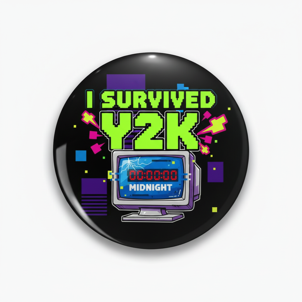 Round black 2.25-inch pinback button with colorful Y2K text and pixel TV graphic