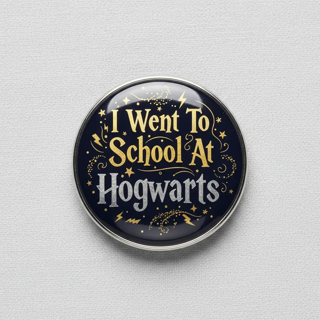 Round Hogwarts pinback badge, dark background with gold text 'I Went To School At Hogwarts'