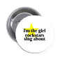 Round button pin, white with yellow star and black text graphic