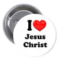 Round silver pinback button with 'I ❤ Jesus Christ' and red heart