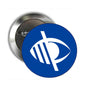Blue and white visual impairment symbol pinback badge, round metal backing, 2.25-inch