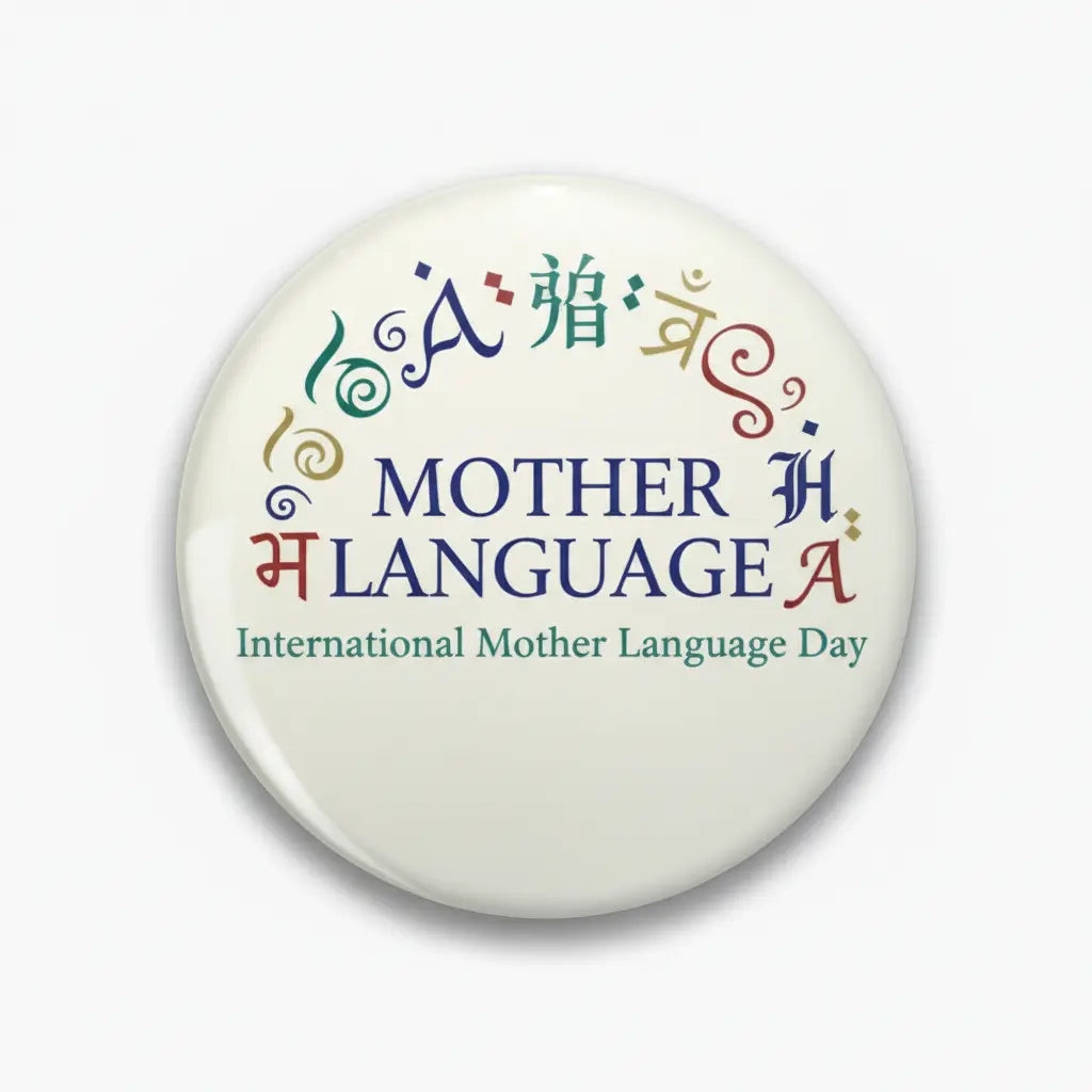 Round mother language day pinback button with colorful “Mother Language” text