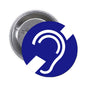 Round silver pinback with blue accessibility hearing symbol