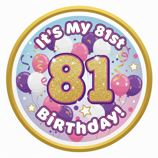 81st birthday celebration design with balloons and gold border on a purple background
