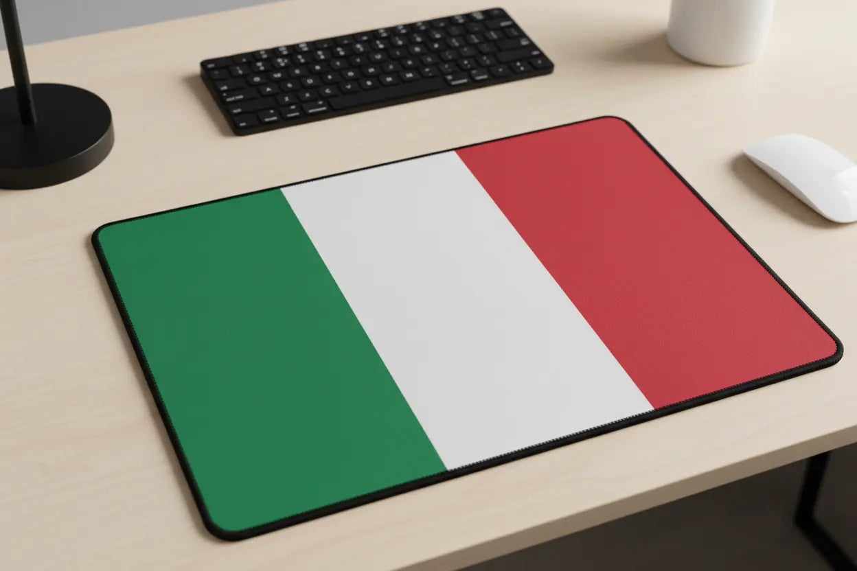 Italian flag mouse pad with green, white, red vertical stripes and black edge