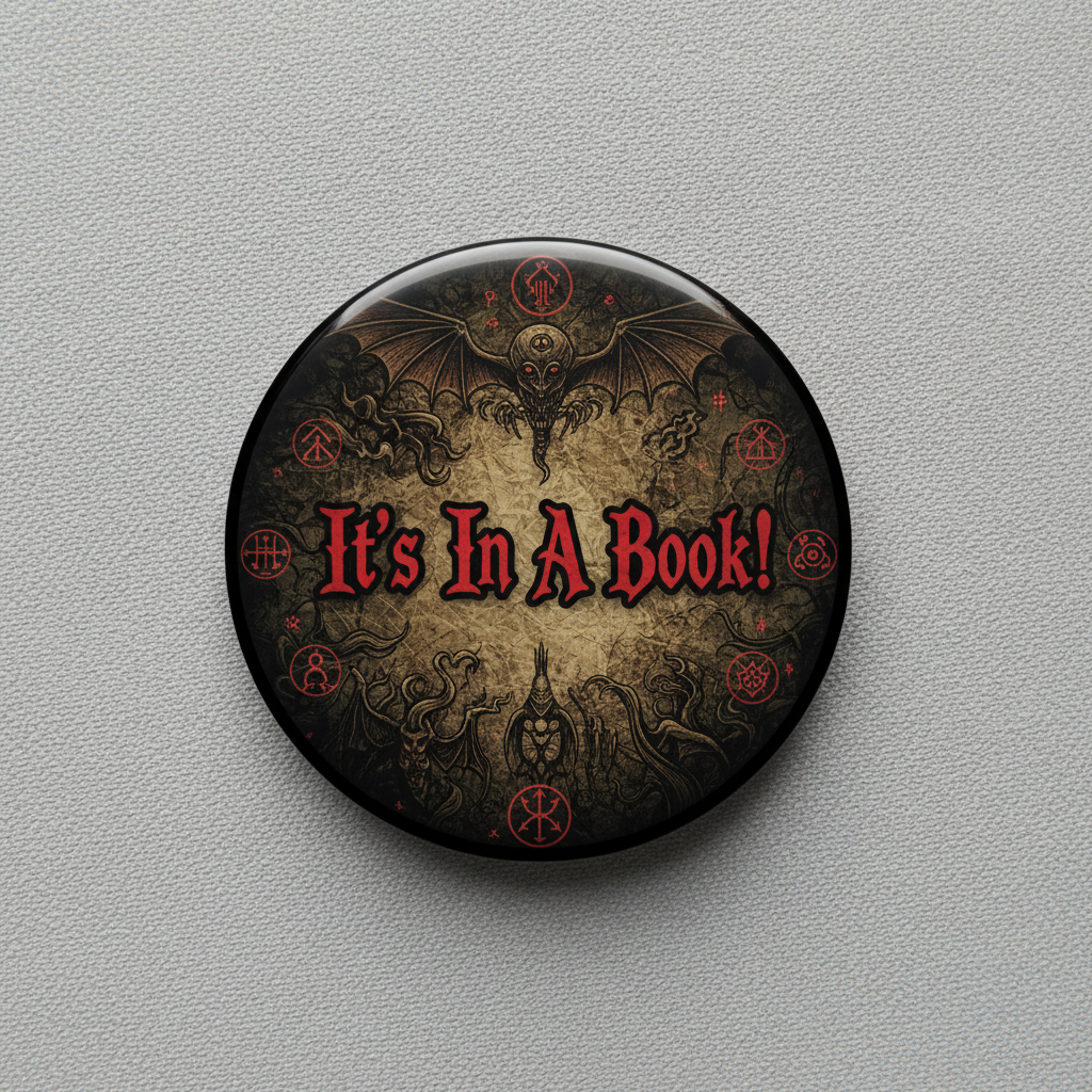 2.25-inch pinback button with dark fantasy spellbook art and red lettering