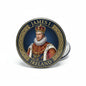 Round pinback badge with crowned portrait and “JAMES I IRELAND” text in gold and dark blue