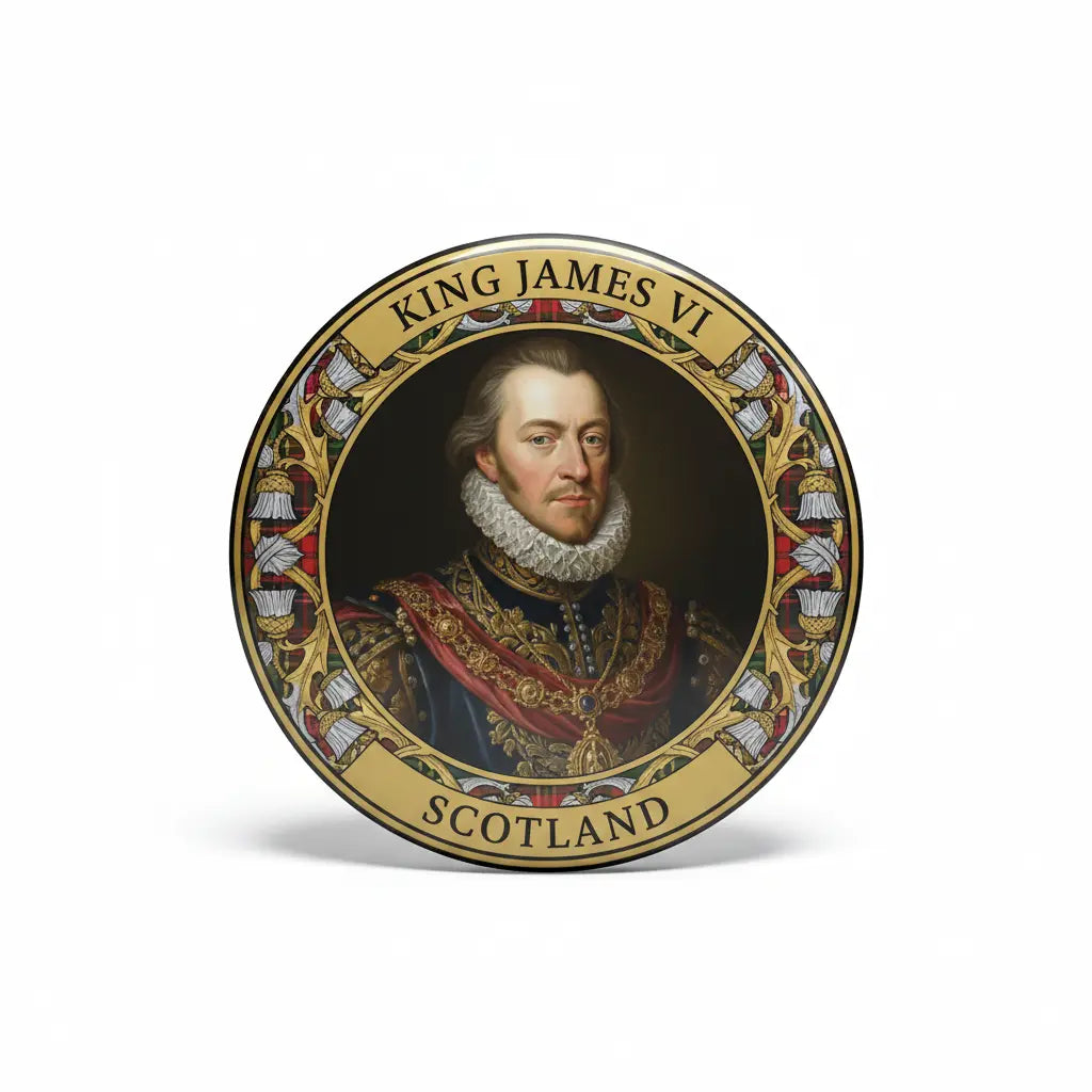 Round gold pinback badge with King James VI portrait and “SCOTLAND” text