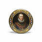 Round gold pinback badge with King James VI portrait and “SCOTLAND” text