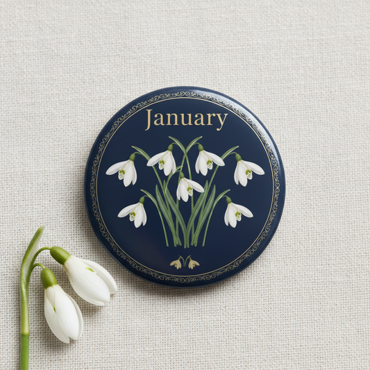 January month flower pinback button with dark blue border and white snowdrop blooms