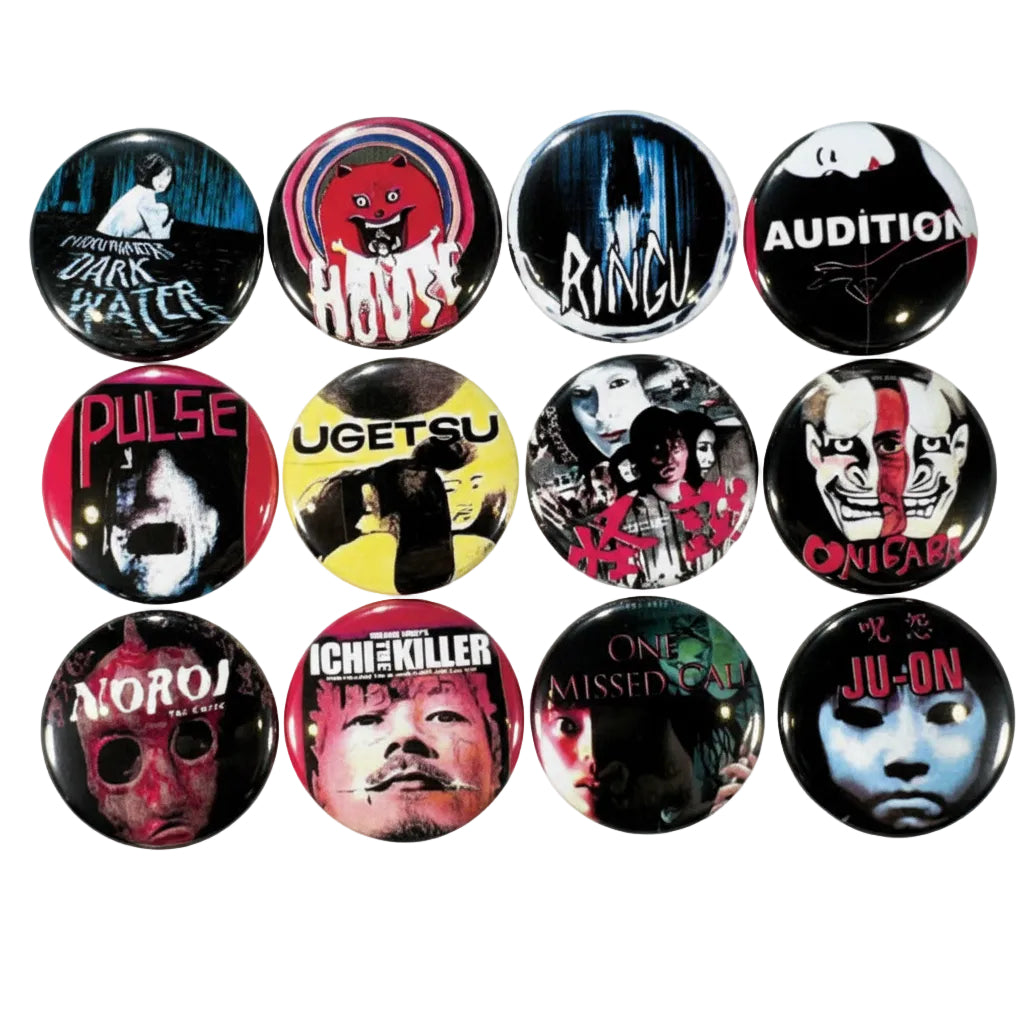 Twelve circular button badges featuring horror movie and cult film imagery, arranged in a 3x4 grid on a bright green background. Designs include Freddy Krueger, Ringw, Audition, Pulse, Ugetsu, Ase, One Footed, Ichi-Killer, One Missed Call, and Ju-On.