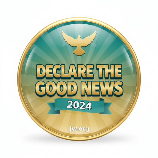 2.25-inch round badge with teal and gold design, reading “DECLARE THE GOOD NEWS 2024”