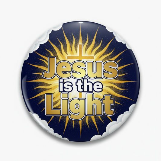 2.25-inch pinback button with “Jesus is the Light” text and gold sunburst artwork