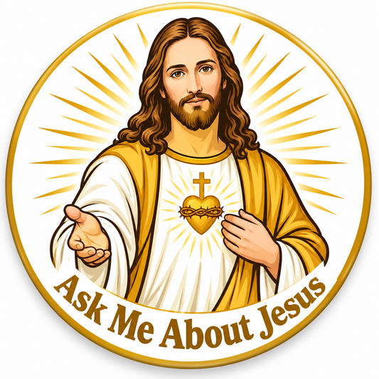 A circular graphic illustration of Jesus Christ with long brown hair, a beard, and a gold robe over a white tunic. He is shown with one hand extended outward and the other over his chest, with a radiant gold heart and rays behind him.