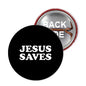 Black round pinback button with bold "JESUS SAVES" text