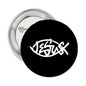 Jesus symbol pinback button, black round with white graphic and metal back