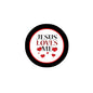 1.25-inch pinback button with black rim, red-and-white “JESUS LOVES ME” hearts