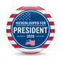 2.25-inch pinback button with red-white stripes and blue 'Hickenlooper for President 2020' text