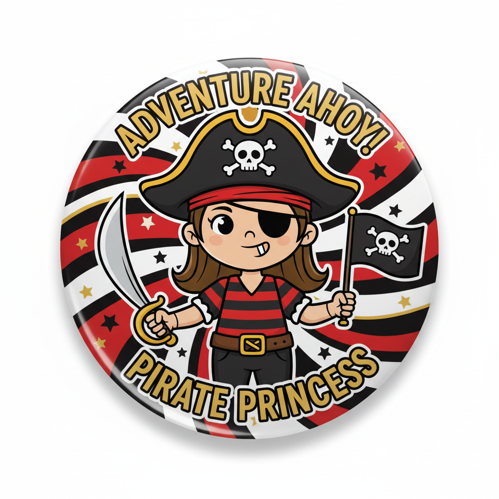 Pirate girl pinback button badge with black flag and skull, red striped outfit