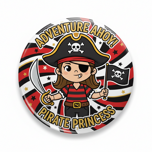 Pirate girl pinback button badge with black flag and skull, red striped outfit