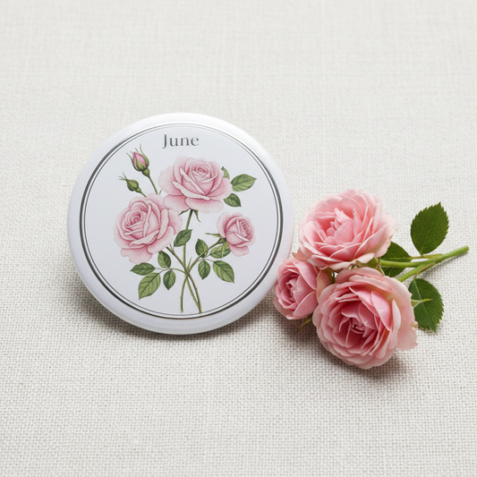 Round pinback badge with pink roses and 'June' text, silver-tone border