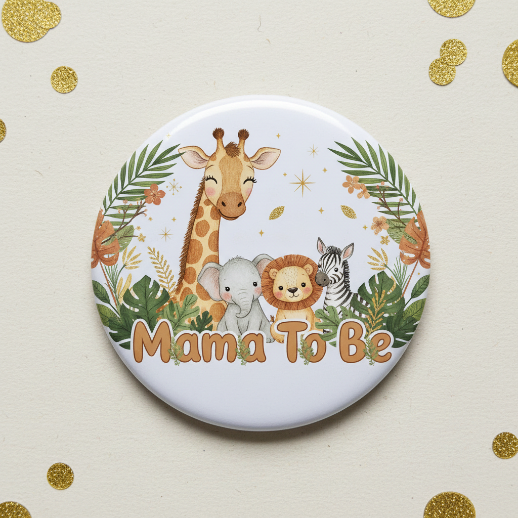 A round pin badge with a safari-themed illustration featuring a giraffe, elephant, lion, and zebra, surrounded by tropical leaves and the text 'Mama To Be'. The badge is displayed on a light beige textured background with scattered gold glitter confetti.