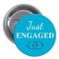 Blue pinback button, 1.25-inch, 'Just Engaged' text