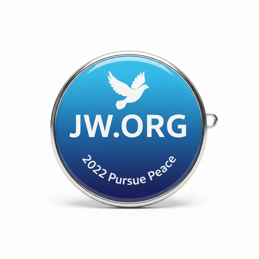 Round blue enamel pin with white dove, JW.ORG, and 2022 Pursue Peace