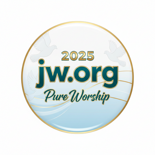 Circular JW.org 2025 Pure Worship refrigerator magnet with dove and gold border
