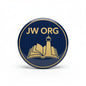 Round blue and gold pinback badge with JW ORG and open book icon