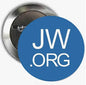 JW.ORG symbol blue pinback button, round 2.25-inch, metal back, JW and .ORG text