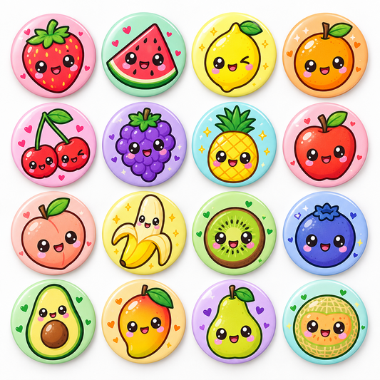 Kawaii-style animated Fruits Pin Button 1.25-inch 16 Pcs