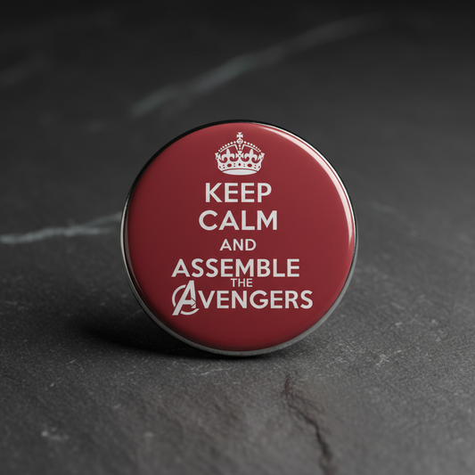 Red round pinback button with crown and 'Keep Calm and Assemble the Avengers' text
