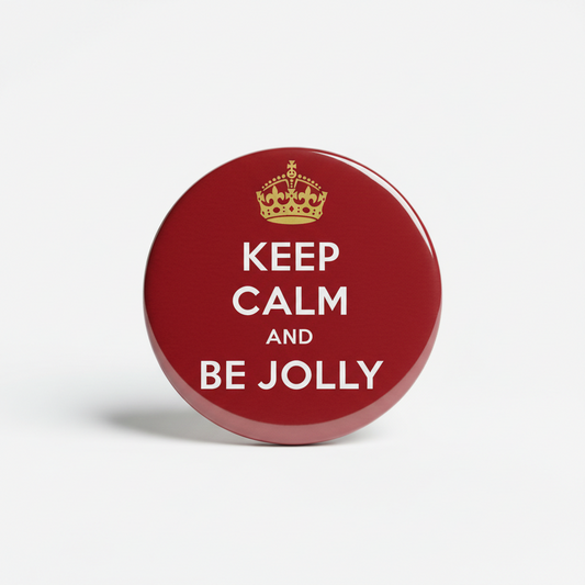 2.25-inch pinback button with red background, crown icon, and KEEP CALM AND BE JOLLY text