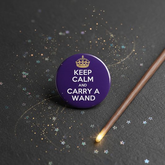 Purple button pin with crown and text “Keep Calm and Carry a Wand”