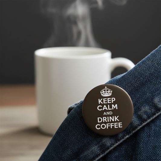 Keep Calm and Drink Coffee button pinback on dark denim jacket lapel