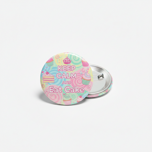Round pinback button with pastel "Keep Calm and Eat Cake" text and cupcake icons