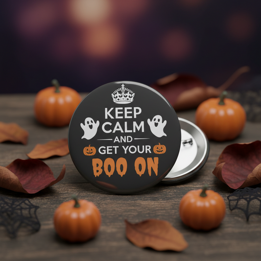 Round black Halloween pinback button with crown, ghosts, pumpkins, and KEEP CALM text