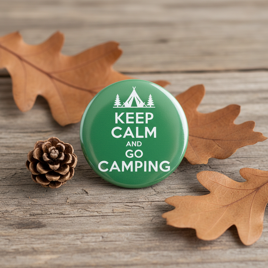 Green camping pinback button with white 'KEEP CALM AND GO CAMPING' lettering