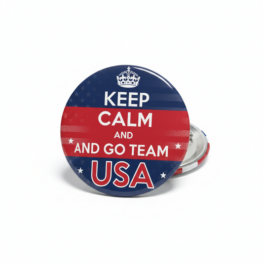 Team USA round pinback button, blue red stars stripes, crown, text KEEP CALM AND GO USA 2.25in