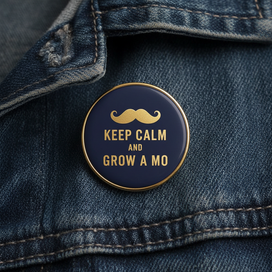Navy pinback button with gold rim and 'KEEP CALM AND GROW A MO' text