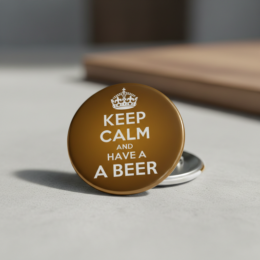 Gold pinback button with crown and "Keep Calm and have a Beer" text