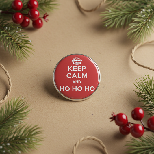 Red round pinback button, white text: KEEP CALM AND HO HO HO, crown