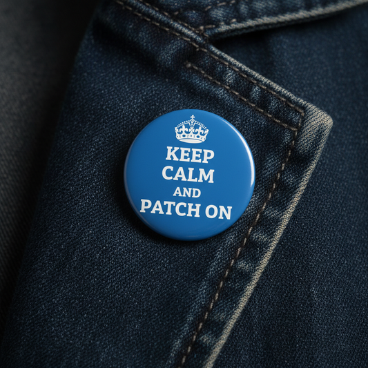 Round blue pinback button with crown and text KEEP CALM AND PATCH ON