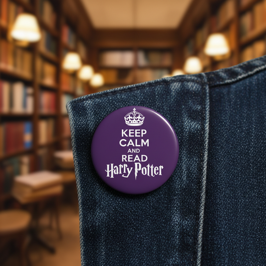 Round purple pinback button with “Keep Calm and Read Harry Potter” text on blue denim