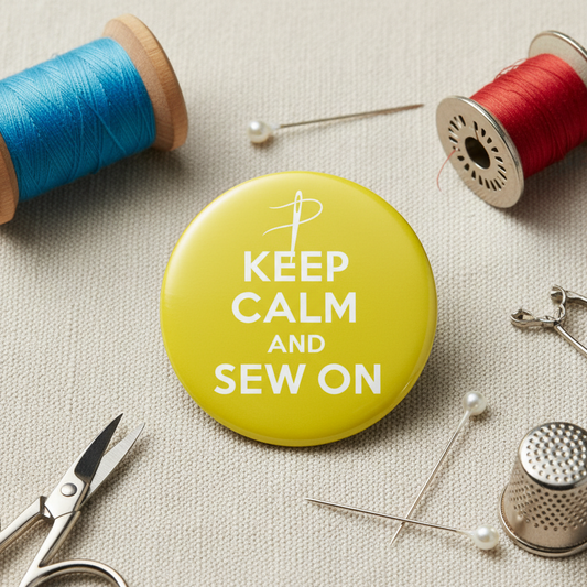 Yellow round pinback button with white “KEEP CALM AND SEW ON” text and needle icon