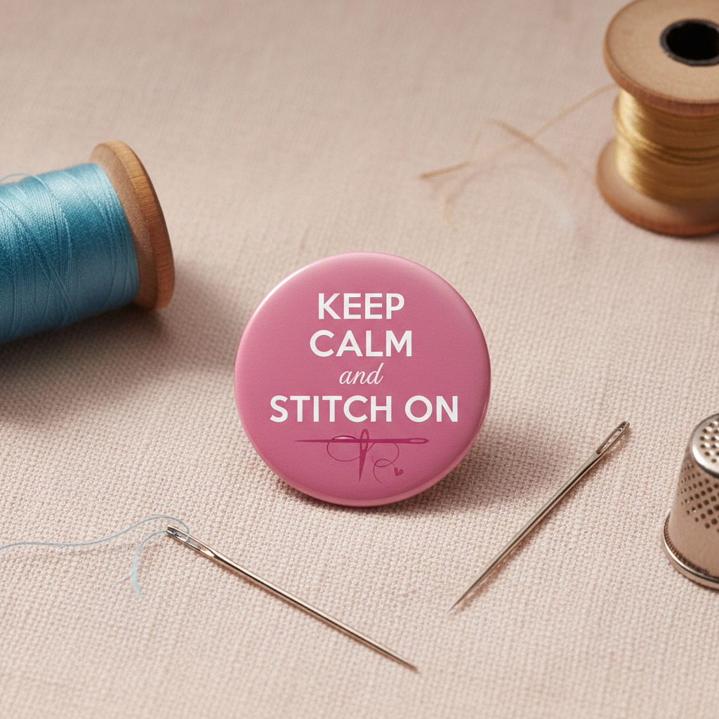 A round pink pin badge with the text 'KEEP CALM and STITCH ON' in white, styled on a beige fabric background with sewing props including spools of thread, needles, and a thimble.