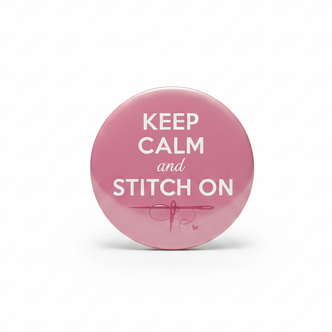 A round pink button badge with the text 'KEEP CALM and STITCH ON' in white, centered on a plain white background.