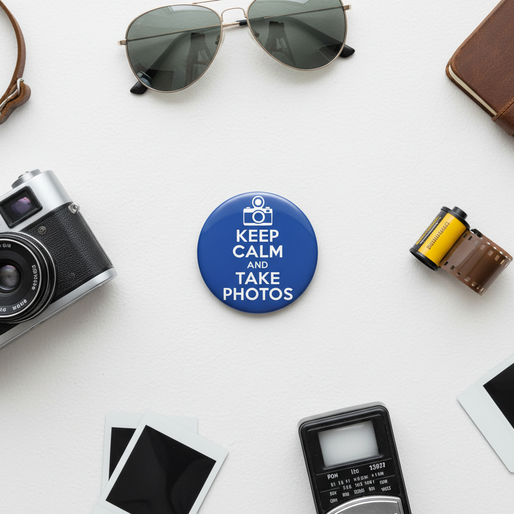 A round blue button badge with the white text 'KEEP CALM AND TAKE PHOTOS' and a camera icon, styled in a flat lay on a white surface with sunglasses, a camera, film, and instant photos around it.
